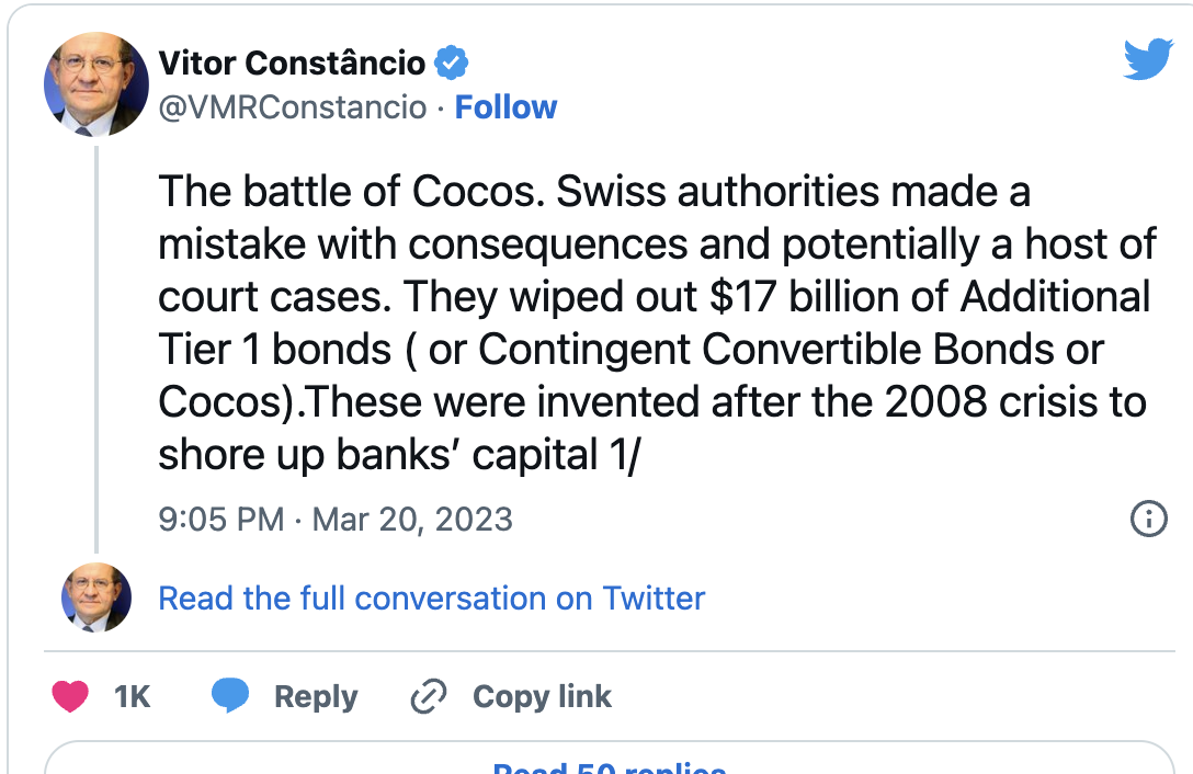 瑞士将AT1债券减计为零的做法,不被欧洲的同行认可插图 瑞士将AT1债券减计为零的做法,不被欧洲的同行认可