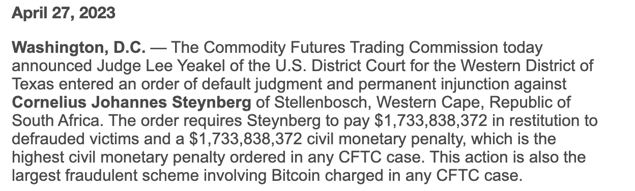 比特币资金盘MTI败诉!美国CFTC要求支付逾34亿美元赔偿金插图1 比特币资金盘MTI败诉!美国CFTC要求支付逾34亿美元赔偿金