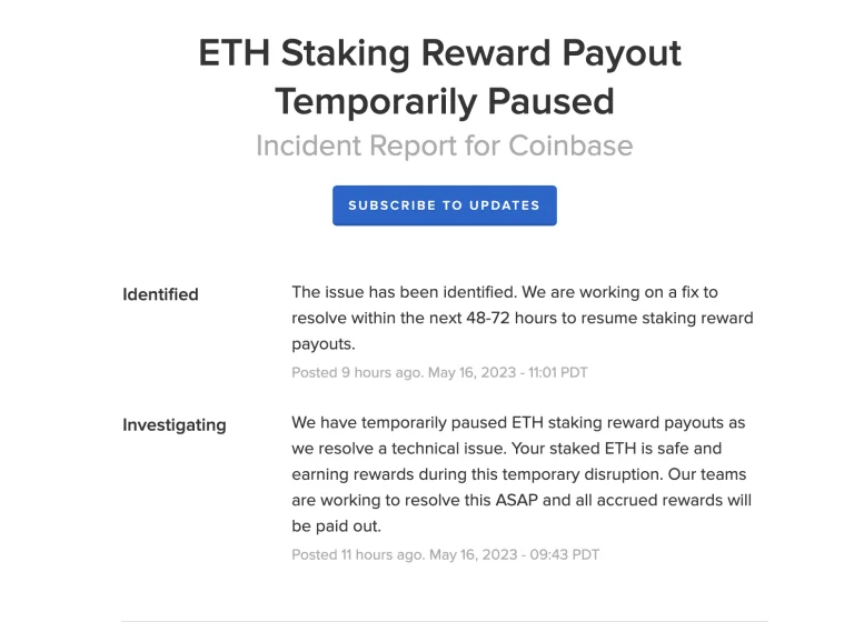 Coinbase暂停支付ETH质押奖励!技术问题所致 恢复需2至3天插图1 Coinbase暂停支付ETH质押奖励!技术问题所致 恢复需2至3天