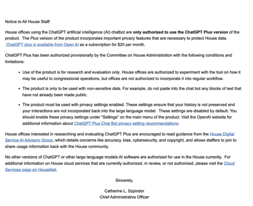 美国国会最新AI规则：除付费版ChatGPT外 不得使用其他产品