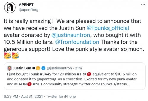 孙宇晨以1050万美元天价拍下Justin sun Tpunks插图 孙宇晨以1050万美元天价拍下Justin sun Tpunks