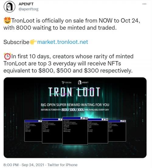 APENFT推出波场链上首个Loot盲盒,为NFT赛道提供更多可能性插图 APENFT推出波场链上首个Loot盲盒,为NFT赛道提供更多可能性