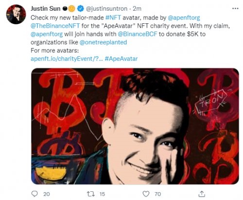 孙宇晨等认领ApeAvatar头像 APENFT将捐赠15000美元插图 孙宇晨等认领ApeAvatar头像 APENFT将捐赠15000美元