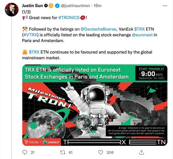 波场代币基金(VTRX)在巴黎及阿姆斯特丹泛欧交易所挂牌上市插图 波场代币基金(VTRX)在巴黎及阿姆斯特丹泛欧交易所挂牌上市