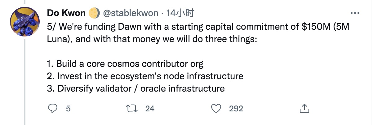 Terra创始人详解“黎明计划”:1.5亿美元只是开始 后续每月将投入最多9000万美元 聊聊Terra黎明计划:1.5亿美元只是一个开始,后续将每月投资9000万美元