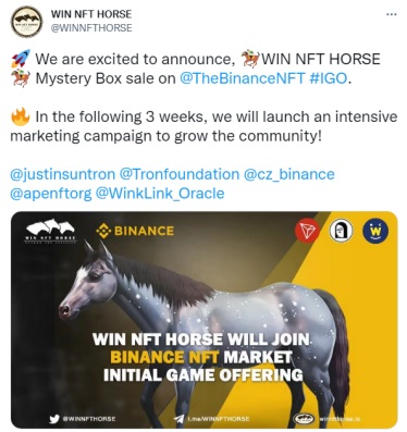 波场首个GameFi项目WIN NFT HORSE将与币安联合推出IGO插图 波场首个GameFi项目WIN NFT HORSE将与币安联合推出IGO