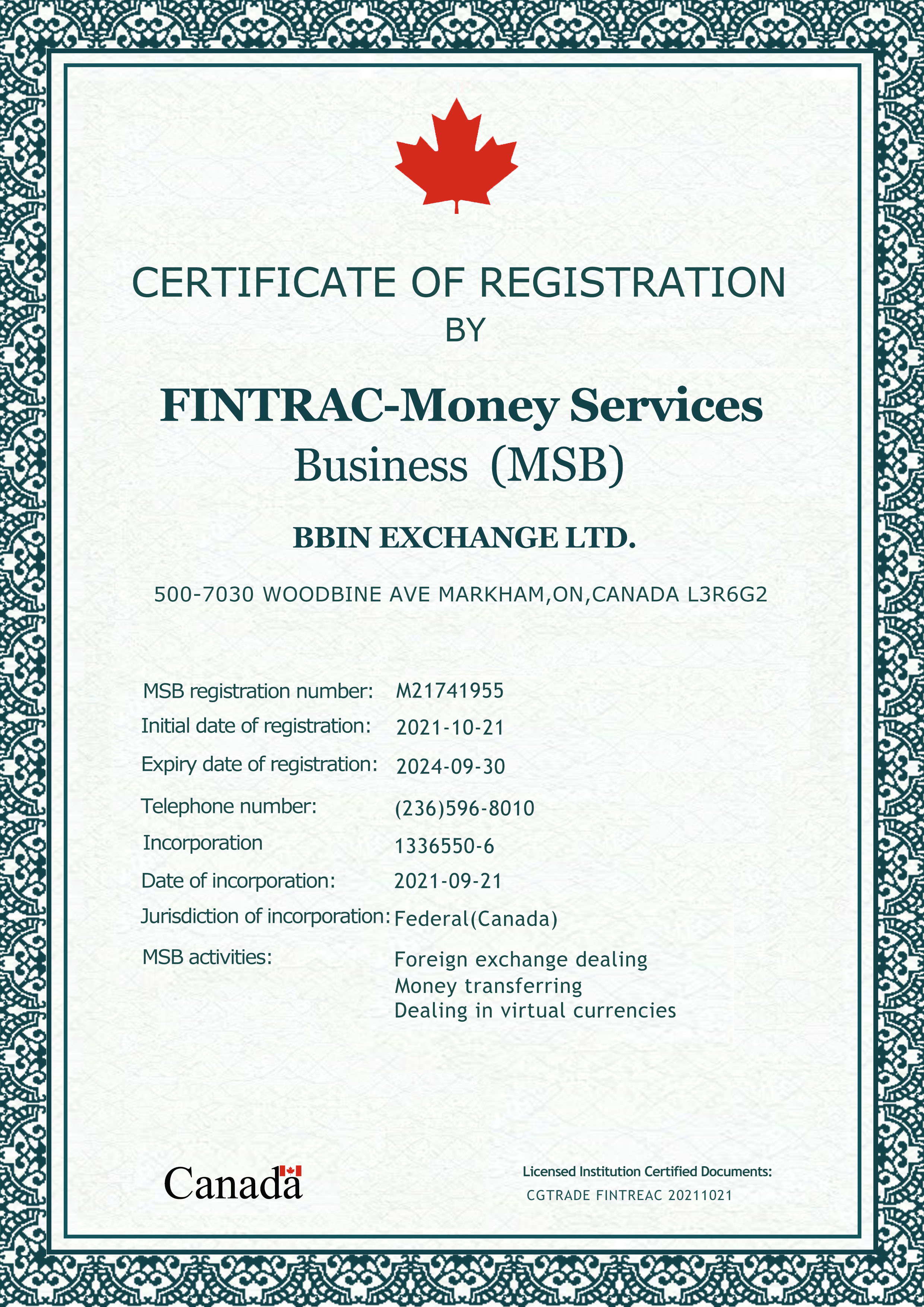 BBIN交易所荣获美国及加拿大MSB合规运营牌照插图1 BBIN交易所荣获美国及加拿大MSB合规运营牌照