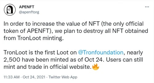 APENFT有意将TronLoot铸造所得NFT全部销毁插图 APENFT有意将TronLoot铸造所得NFT全部销毁