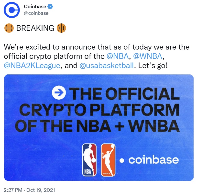 Coinbase成为NBA、WNBA、美国篮球的独家加密货币平台