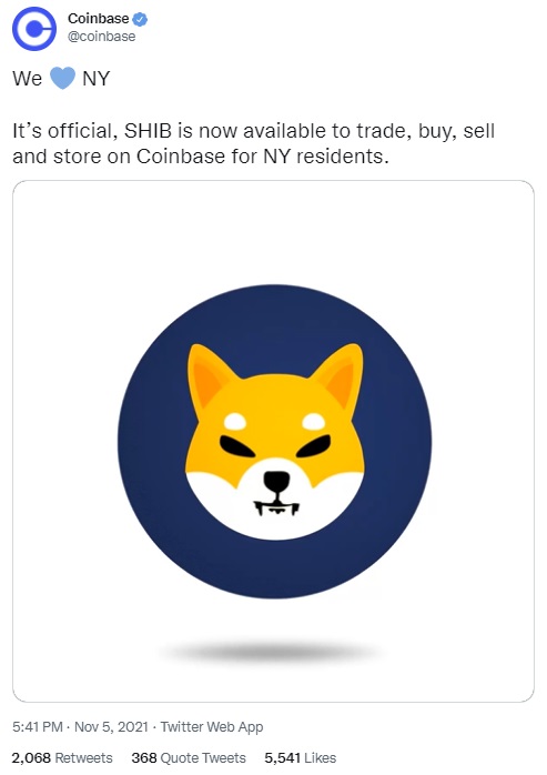 Coinbase Makes Shiba Inu Crypto Available to New York Residents After Adding SHIB Trading Pairs Coinbase在增加SHIB交易对后,向纽约居民提供SHIB相关服务