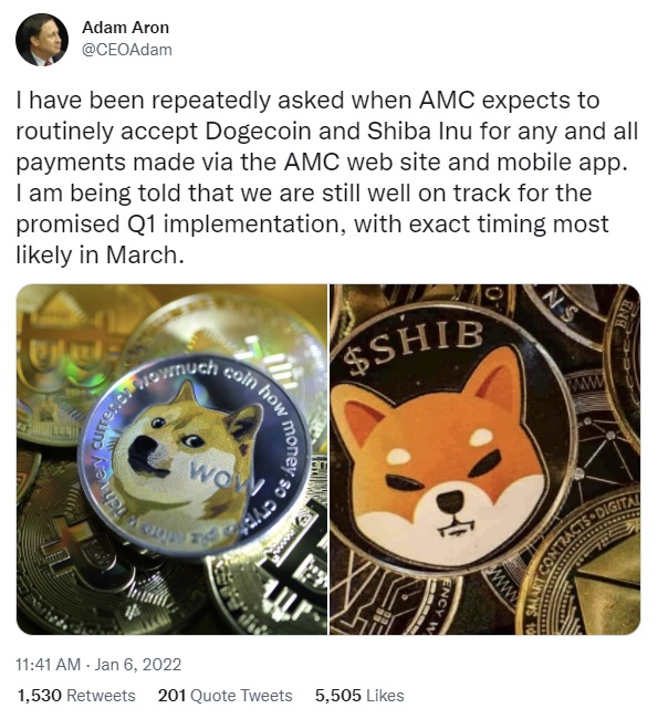 AMC Theatres on Track to Accept Dogecoin and Shiba Inu Payments in Q1, CEO Confirms AMC剧院有望在第一季度接受Dogecoin和Shiba Inu付款