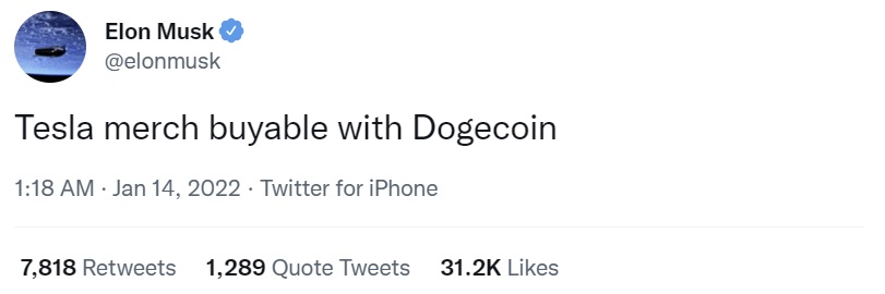 Tesla Begins Accepting Dogecoin Payments — Some Merchandise Can On Be Purchased With DOGE 特斯拉开始接受狗狗币支付,一些商品只能用狗狗币购买