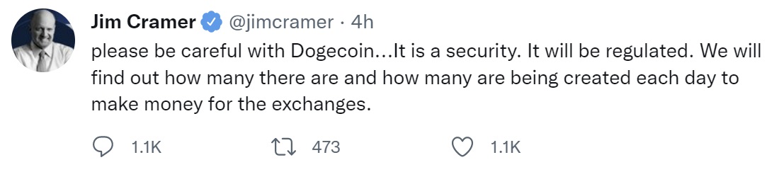 Mad Money's Jim Cramer Warns About Dogecoin — Says DOGE Is a Security, SEC Will Regulate Jim Cramer称狗狗币是一种证券,SEC将对其进行监管