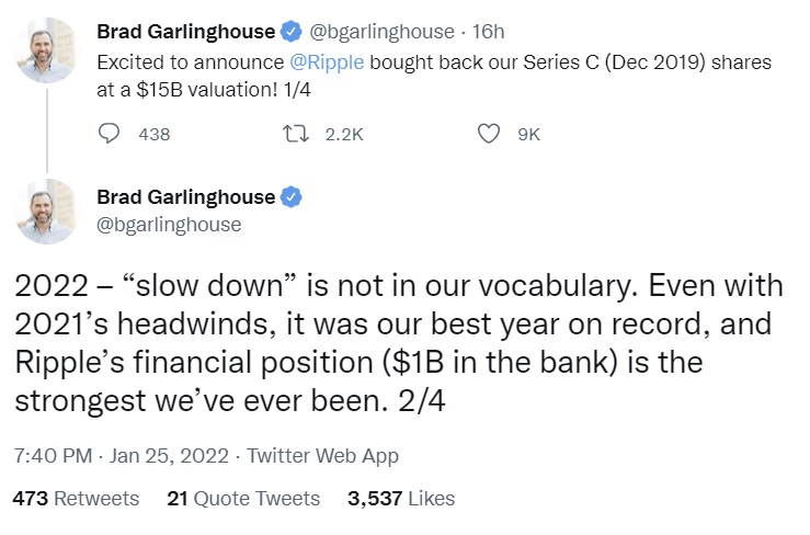 Ripple Scores $15 Billion Valuation — CEO Says Financial Position Is Strongest Ever Despite SEC Lawsuit Over XRP Ripple估值150亿美元,尽管SEC对XRP提起诉讼,但其财务状况是有史以来最强劲