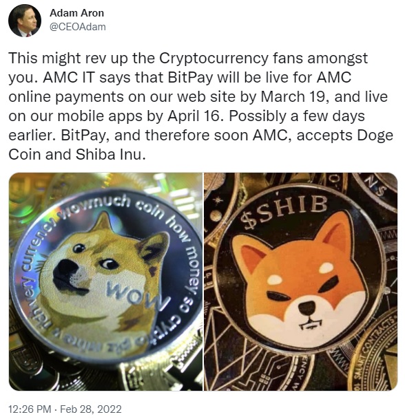 AMC Theatres to Accept Dogecoin and Shiba Inu Crypto Payments in Coming Weeks, CEO Says AMC首席执行官表示影院将在未来几周接受DOGE和SHIB在线支付